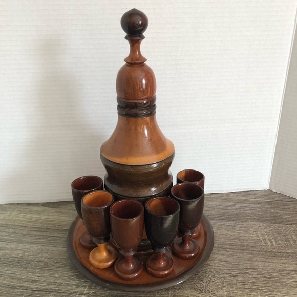 Vtg MCM Wooden Decanter and Glass Set - Picture 1 of 9